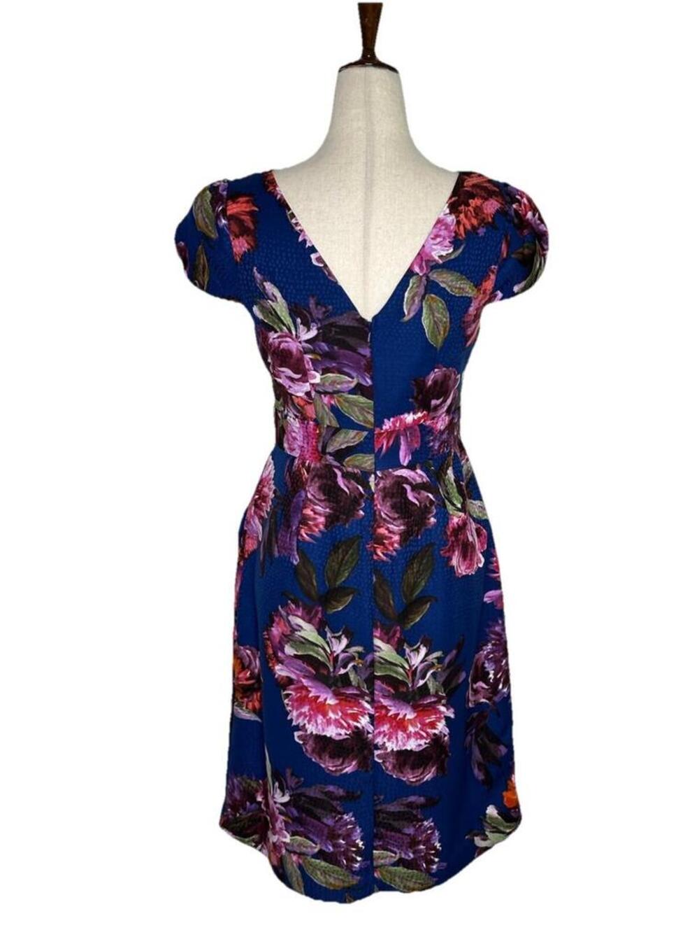 Anthropologie Moulinette Soeurs Rosado Dress 4 Blue Floral Print Cap Sleeve - Picture 4 of 9